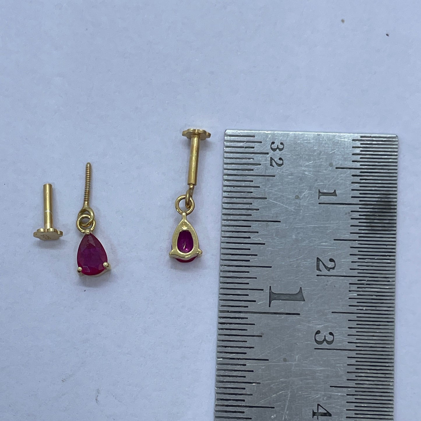 92.5 Silver Gold-Plated Bugadi for Women | Ruby Red Teardrop CZ Dangle on Bar Stud | Helix Earring pair