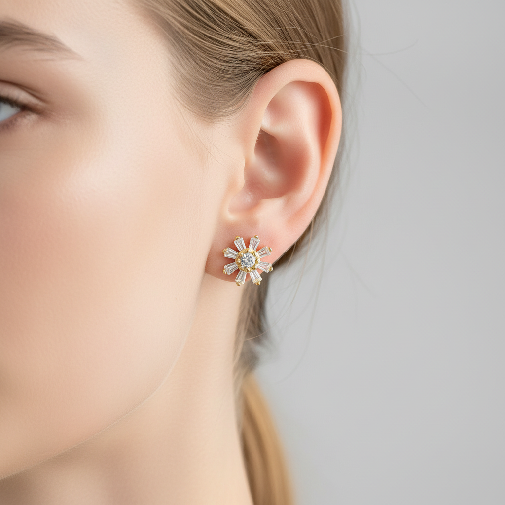 925 Silver Gold Finish Sunflower Stud Earrings | CZ Sparkle Earrings with Ball Screw Back pair