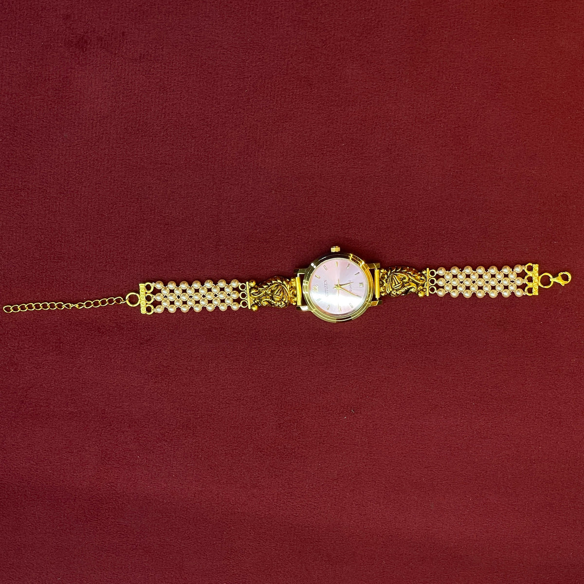 92.5 Silver Gold Plated Nakshi Pearl Watch for Women