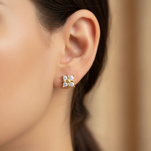 925 Silver Gold Finish Floral Stud Earrings | CZ Elegant Earrings with Ball Screw Back