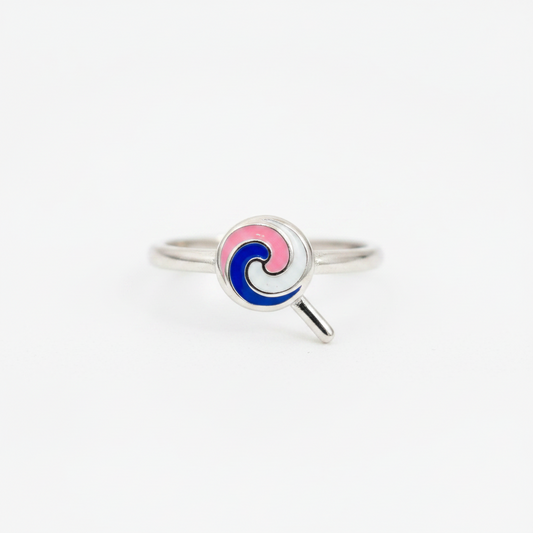 92.5 Sterling Silver Multicolour Enamel Lollipop Swirl Charm Kids Finger Ring — Size 2