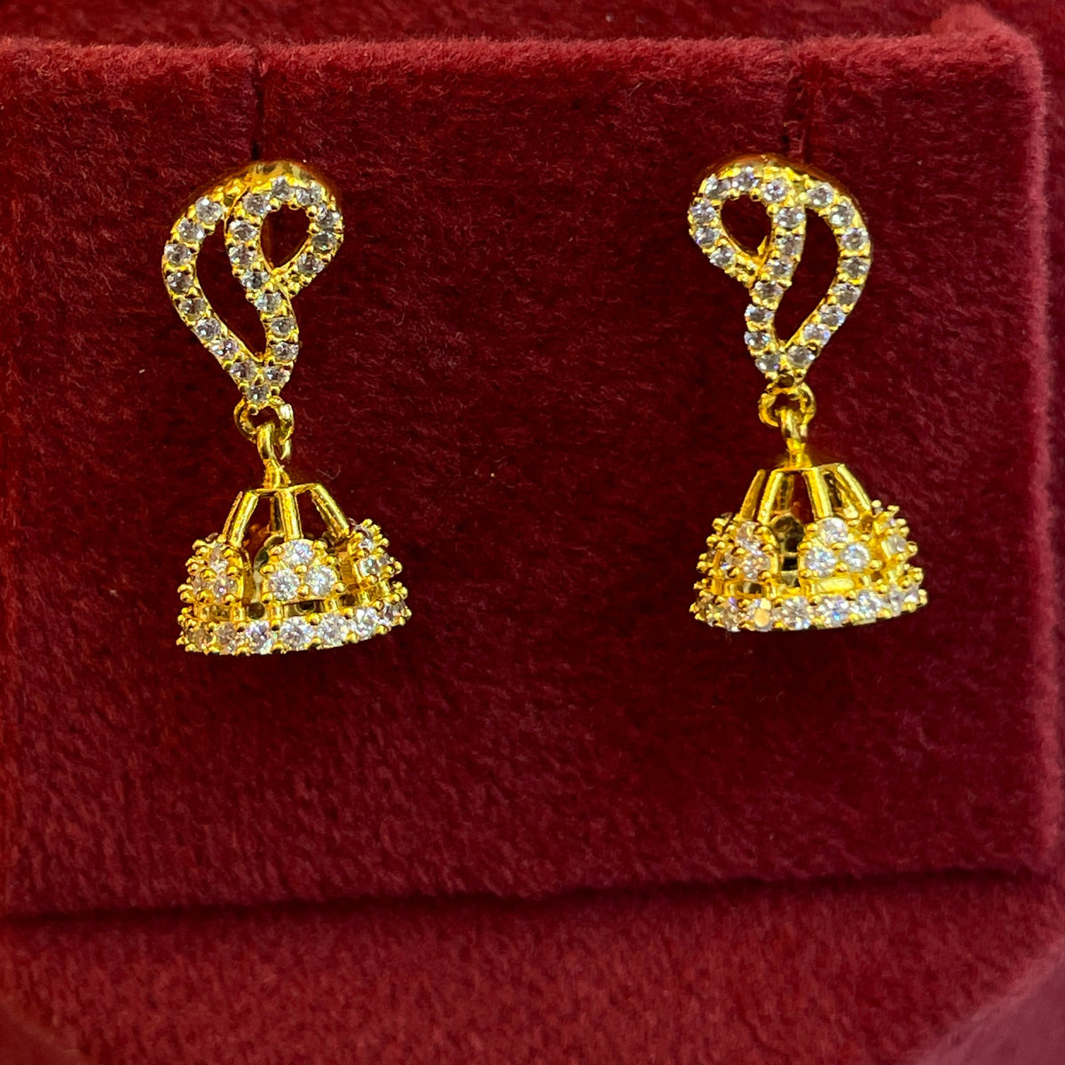 92.5 Silver Gold Plated White CZ Petite Jhumka Earrings for Women