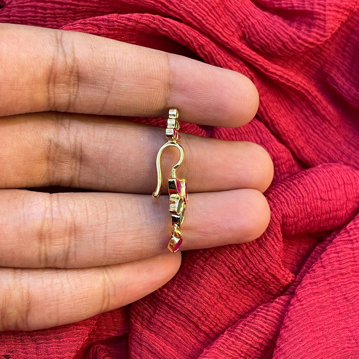 92.5 Silver Ruby Emerald Lotus Press-On Bugadi for Women | Temple Style Non-Piercing Ear Cuff | Traditional Jewellery