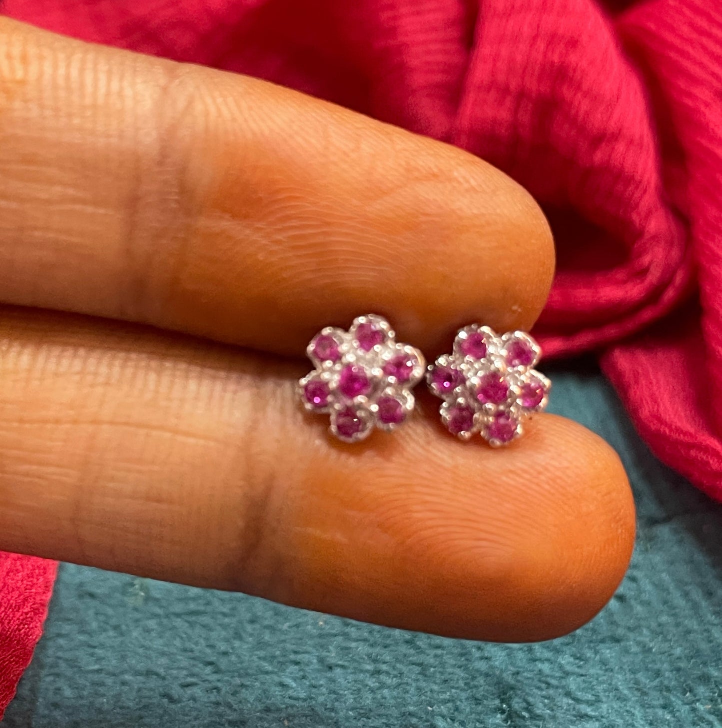 92.5 Silver Ruby Flower Studs Pair