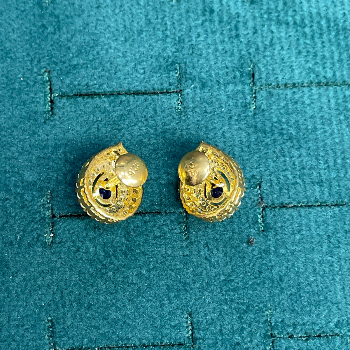 92.5 Sterling Silver Gold Plated Pear Cut Blue Sapphire CZ & Double Pave White CZ Halo Stud Earrings for Women
