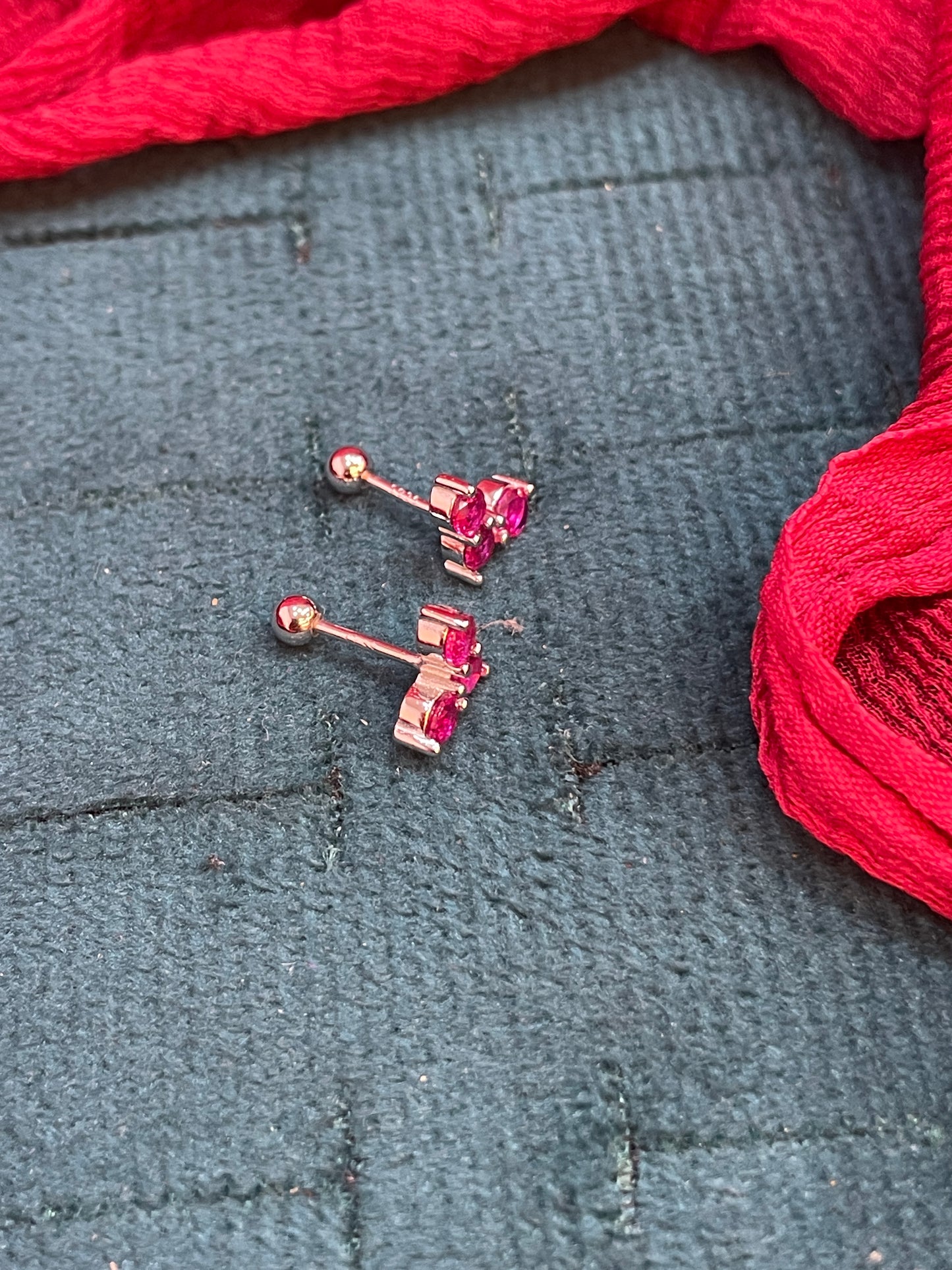 925 Silver Ruby 3 stone studs - ball back
