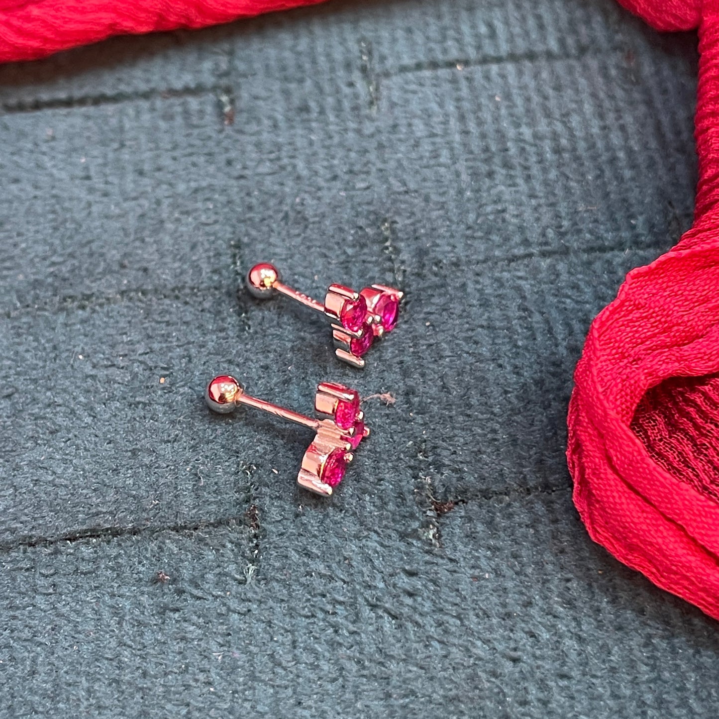 925 Silver Ruby 3 stone studs - ball back