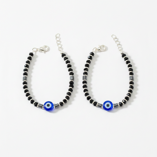 Silver Nazariya Black Bead Bracelet for Kids | Set of 2 with Blue Evil Eye Charm