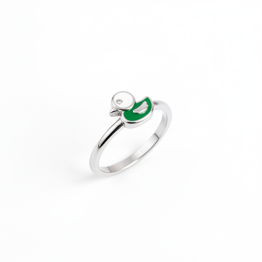 92.5 Sterling Silver White & Green Enamel Duckling Charm Kids Finger Ring — Size 2