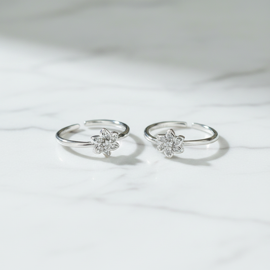 92.5 Sterling Silver CZ Flower Toe Rings for Women