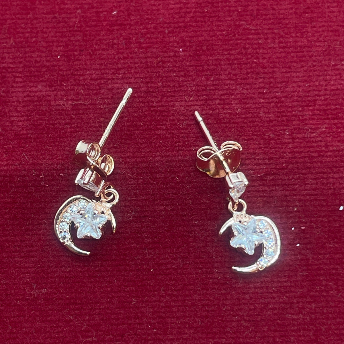 Rose Gold Plated 92.5 Sterling Silver CZ Star & Crescent Moon Drop Earrings for Women | Pear CZ Stud with Pavé Moon Dangle | Second Piercing Earring Pair
