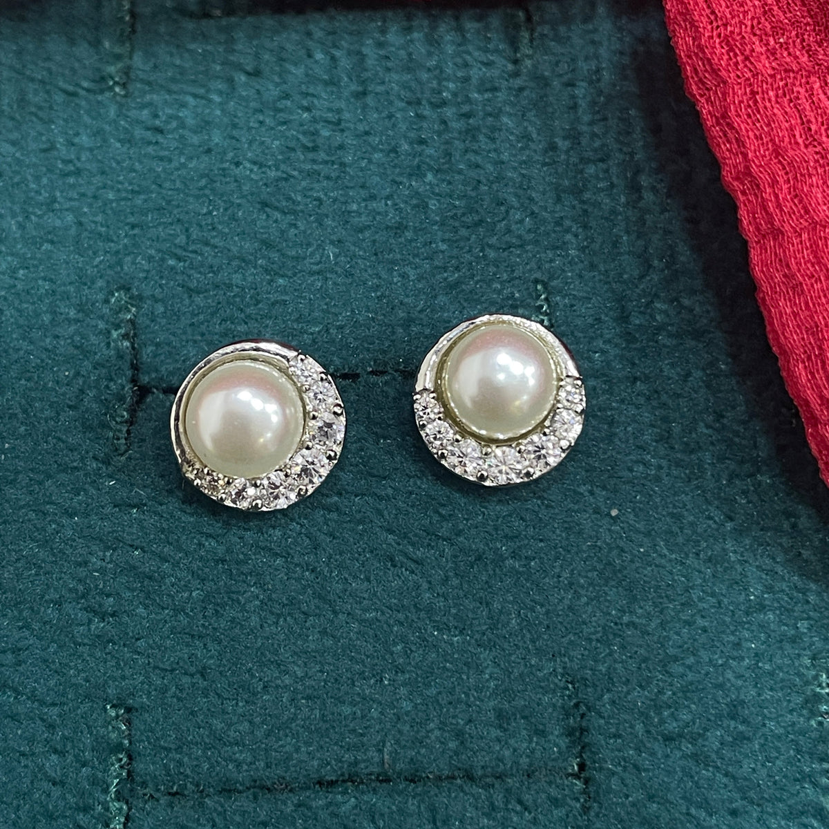 92.5 Sterling Silver Earrings for Women | Pearl Stud with White Stone Halo pair