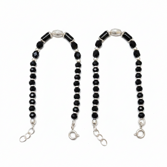 Silver Nazariya Black Bead Anklet for Kids | Set of 2 with Oval Silver Charm