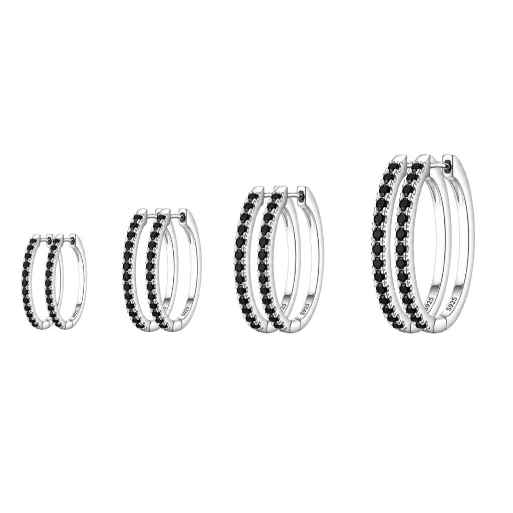 92.5 Silver Hoops with Black Stones - Pair