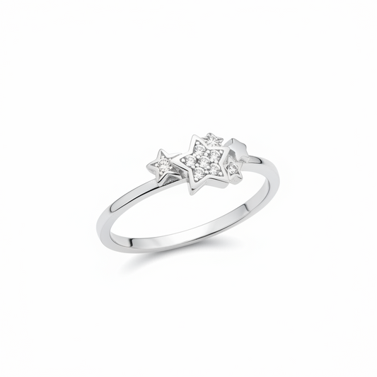 92.5 Sterling Silver Triple Star Pave White CZ Finger Ring for Women