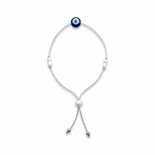 92.5 Silver Evil Eye & Pearl Adjustable Bracelet for Women | Freshwater Pearl Design