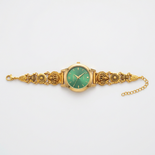 92.5 Silver Gold Plated Nakshi Green Dial Watch for Women
