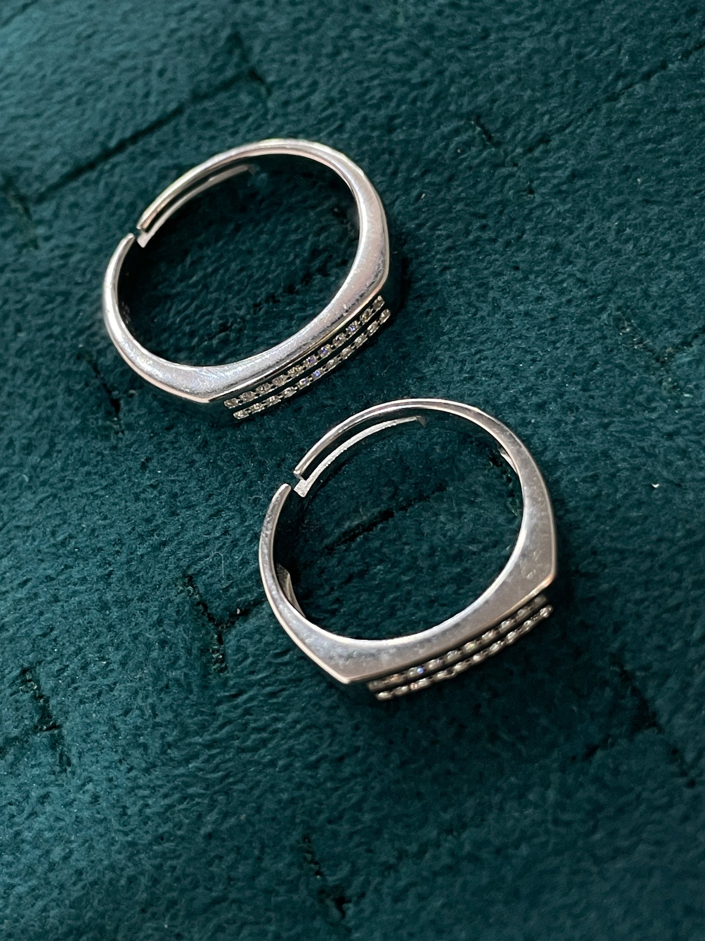 92.5 Silver Double Row Stone Band Couple Rings | Adjustable Classic Design