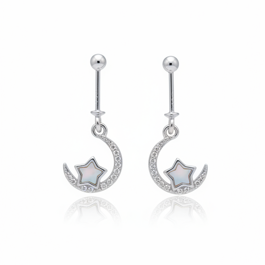 92.5 Sterling Silver Crescent Moon & Star Bugadi for Women | CZ Crescent with MOP Star | Helix Earring pair