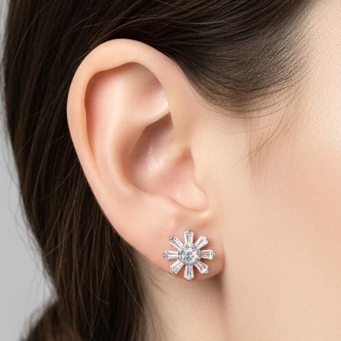925 Silver Starburst Stud Earrings | CZ Sparkle Daily Wear Earrings with Ball Screw Back pair