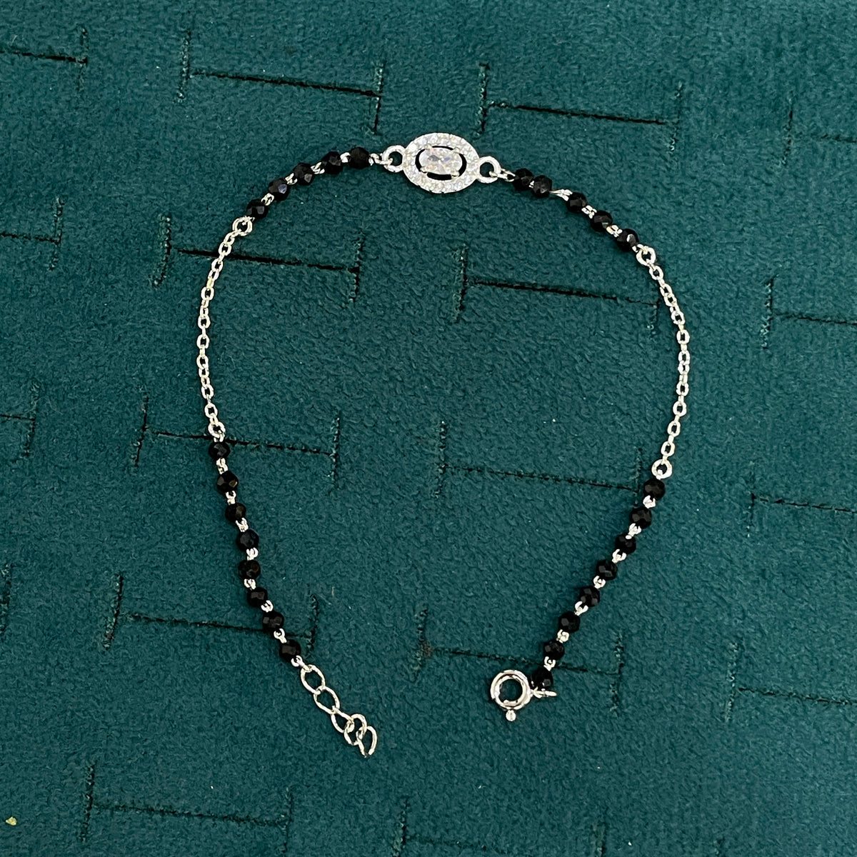 92.5 Silver Black Bead Bracelet with Oval CZ Solitaire Halo Charm for Women