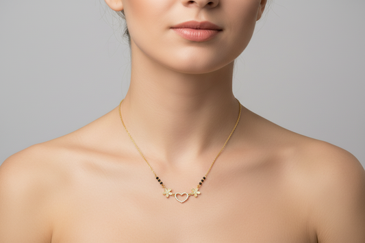 92.5 Silver Gold Plated Heart Black Bead Chain for Women 18.5 Inches | Stylish Love Design | Elegant Jewellery