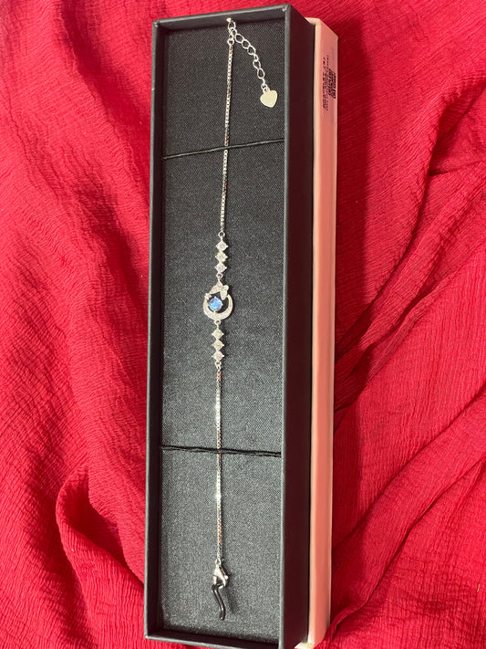 92.5 Silver Half Moon Star Bracelet 8 Inches | Premium Blue Stone Design | Jewellery