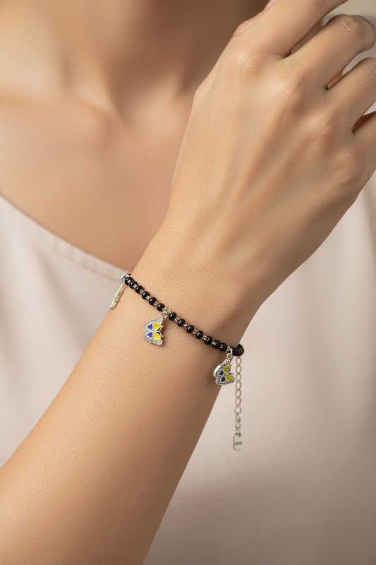 92.5 Silver Black Beads Butterfly Bracelet for Women 7.5 Inches | Stylish Elegant Design | Daily Wear Jewellery