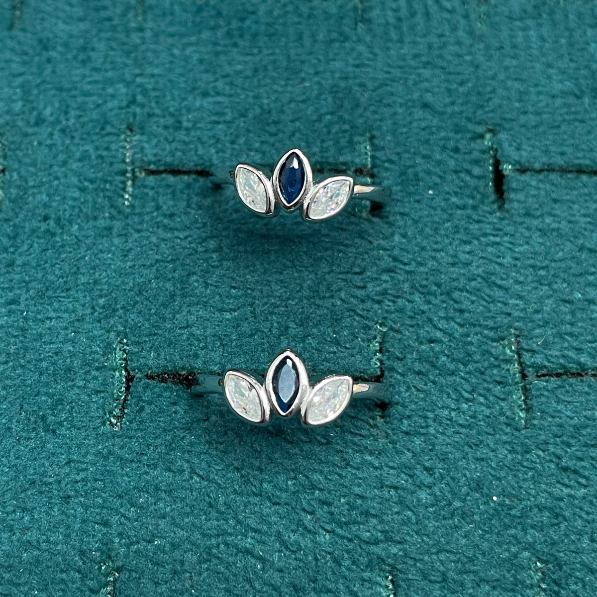 92.5 Sterling Silver Sapphire Blue & White CZ Marquise Three Leaf Open Toe Rings for Women — Pair
