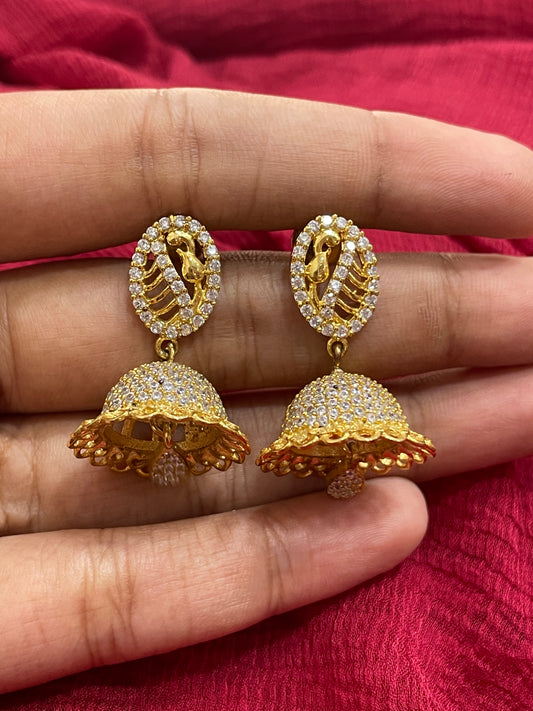 92.5 Silver Gold Plated White Stone Jhumka Earrings for Women | Traditional Elegant Design | Festive Jewellery