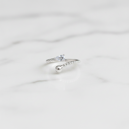 92.5 Sterling Silver Beaded Band Open Adjustable Finger Ring