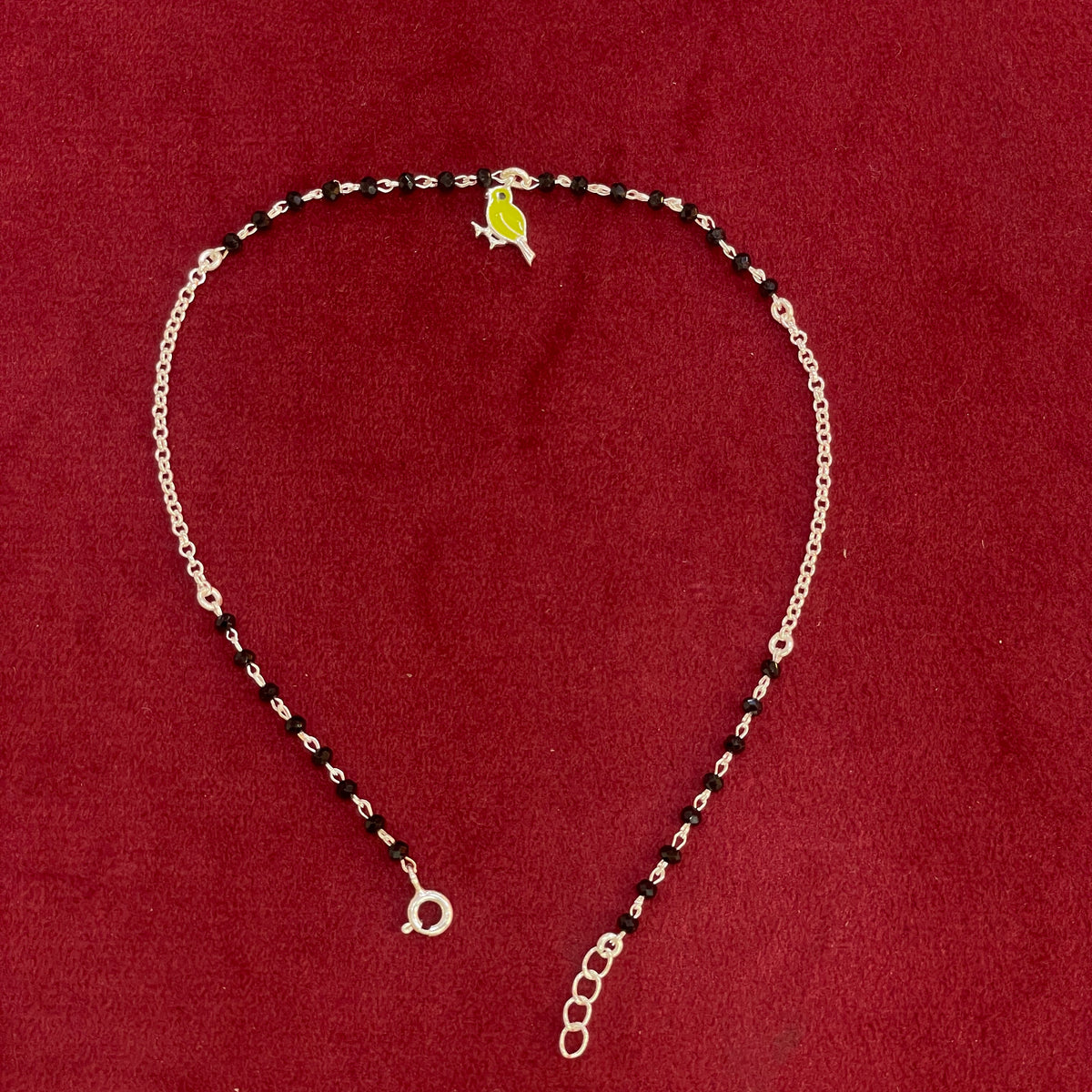 92.5 Silver Black Bead Anklet with Enamel Bird Charm for Women (Single Piece)