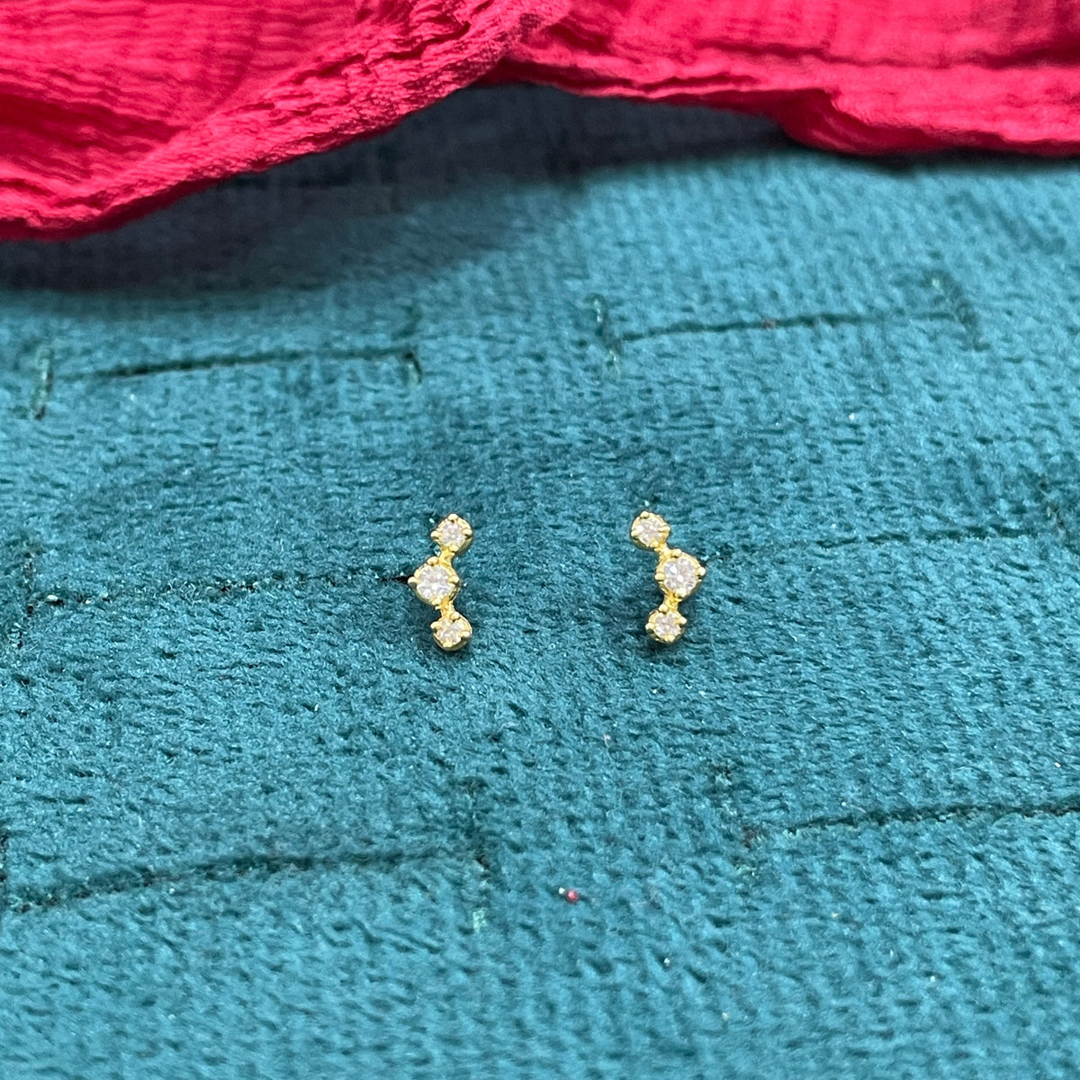 925 Silver Gold Plated 3 Stone Second Studs pair