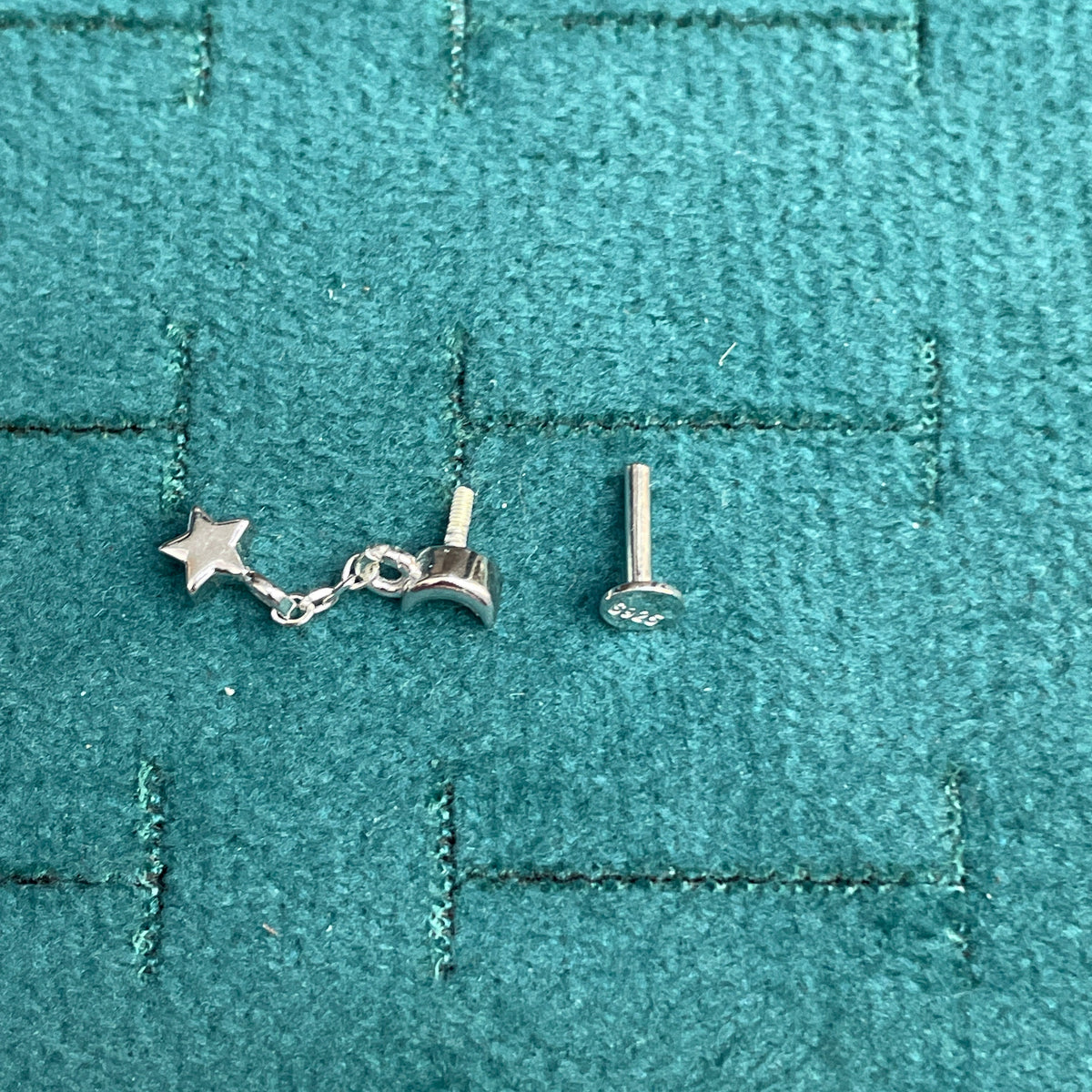 92.5 Sterling Silver Plain Crescent Moon Stud with Chain & Star Charm Drop Earrings for Women