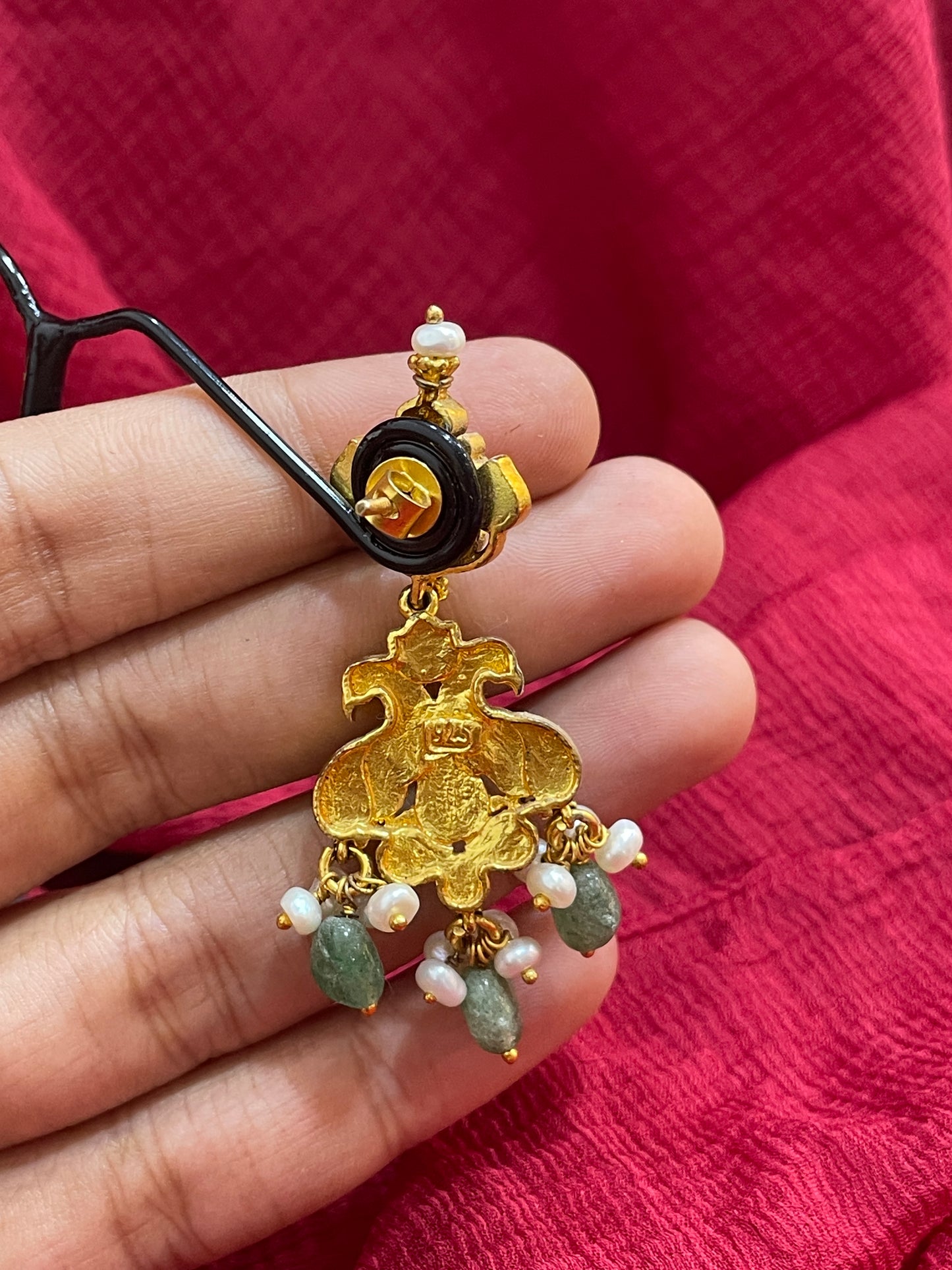 92.5 Silver Gold Plated Pink Stone Lakshmi Devi Jhumka Earrings for Women | Temple Design | Traditional Jewellery