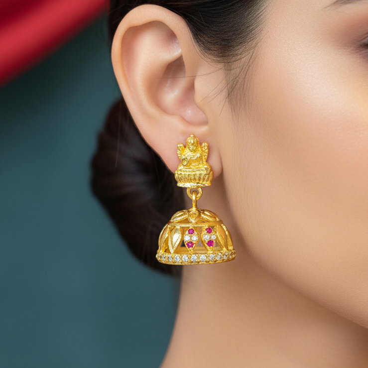 92.5 Sterling Silver Gold Plated Lakshmi Devi Ruby & White CZ Jhumka Earrings for Women