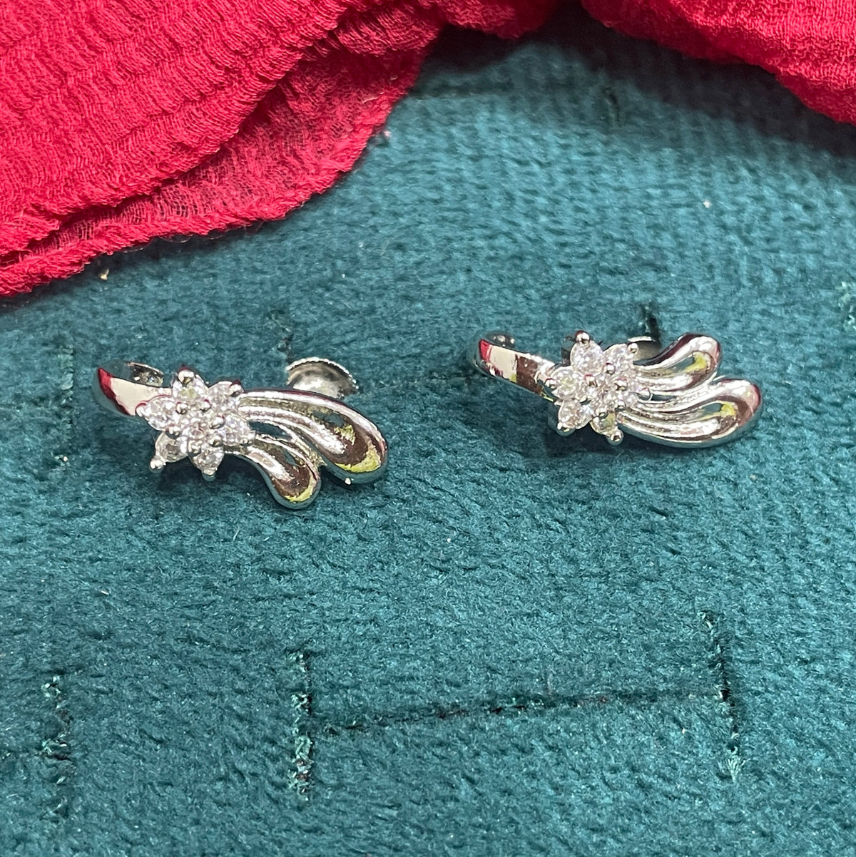 92.5 Silver CZ Flower J studs | Stylish Floral Cubic Zirconia Design | Elegant Jewellery pair