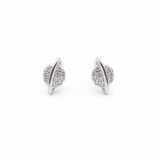 92.5 Sterling Silver Pavé CZ Leaf Stud Earrings for Women | Petite CZ Leaf with Silver Spine Second Studs pair