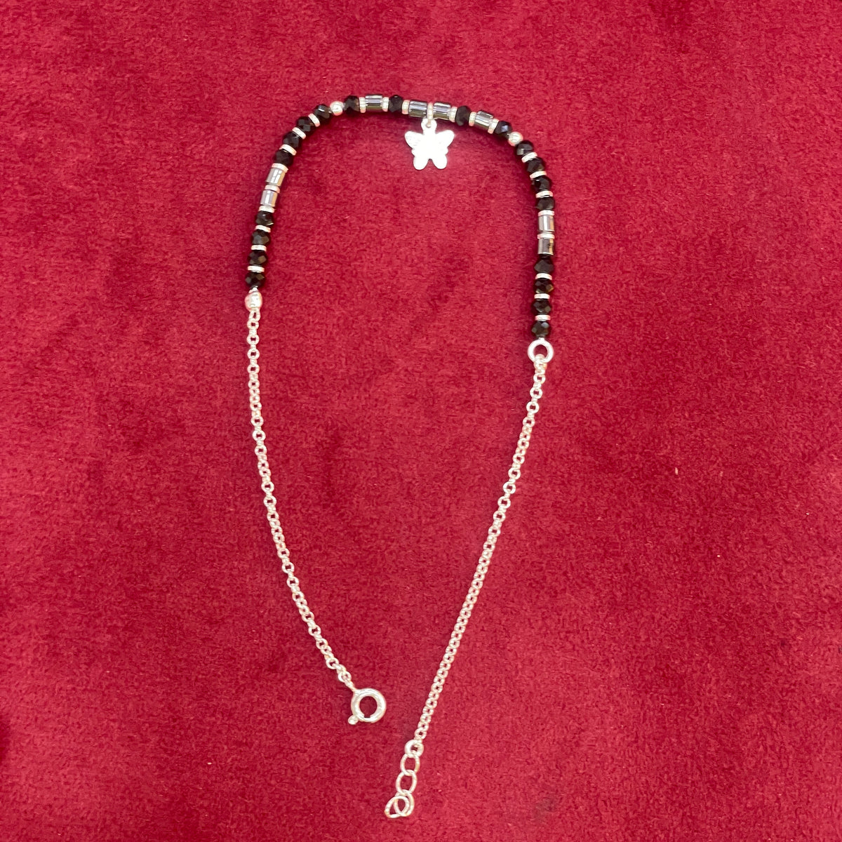92.5 Silver Black Bead Anklet with Silver Butterfly Charm for Women (Single Piece)