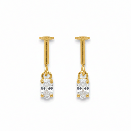 92.5 Silver Gold-Plated Bugadi for Women | White Oval CZ Dangle on Bar Stud | Helix Earring pair