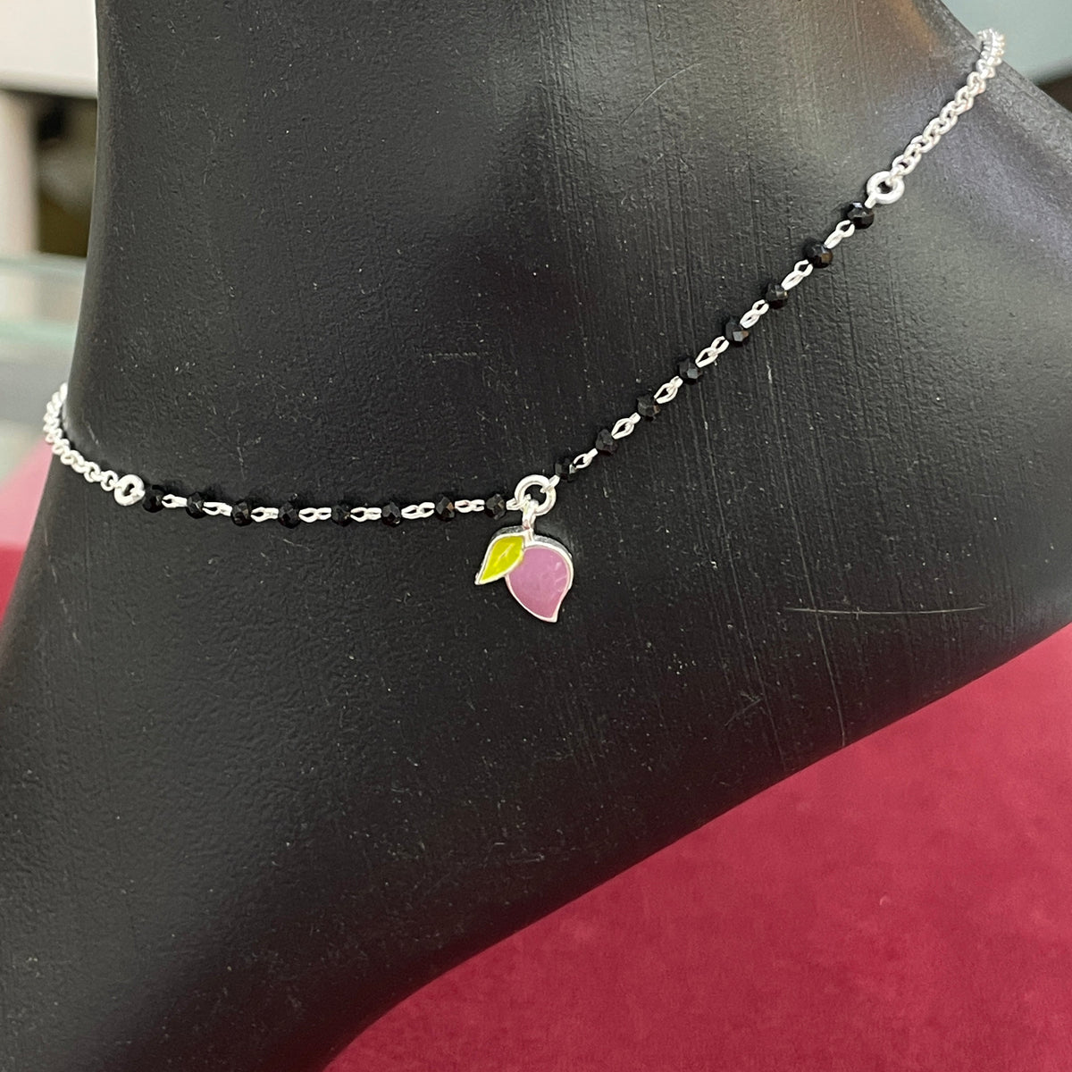 92.5 Silver Black Bead Leaf Charm Anklet - Single Pc