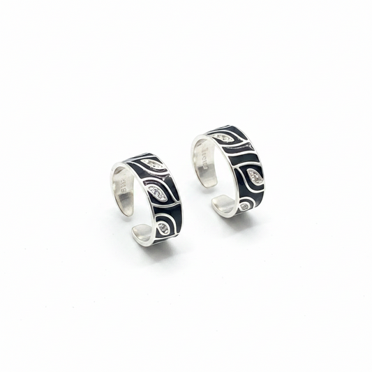 92.5 Sterling Silver Black Enamel & CZ Abstract Pattern Toe Rings for Women | Wide Band Adjustable Open Toe Ring Pair