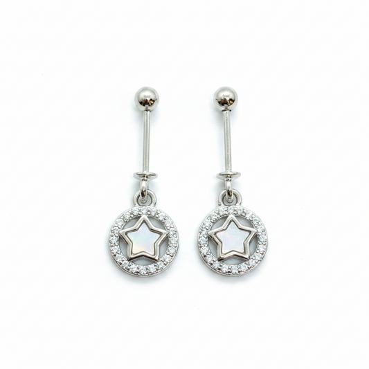 92.5 Sterling Silver Star in CZ Halo Circle Bugadi for Women | Mother-of-Pearl Star with Pavé CZ Frame | Helix Earring pair