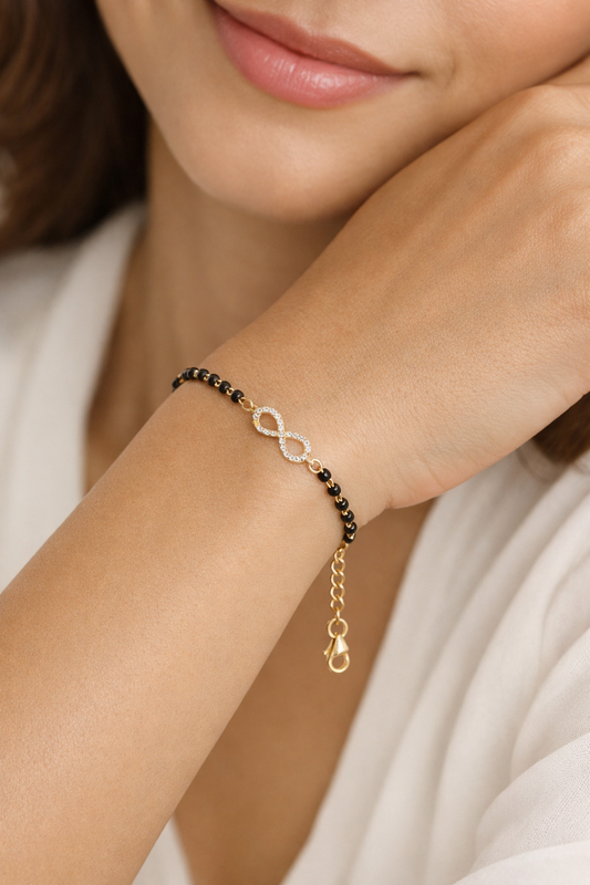 92.5 Silver Infinity Black Bead Bracelet | Stylish Symbolic Design | 7 inches