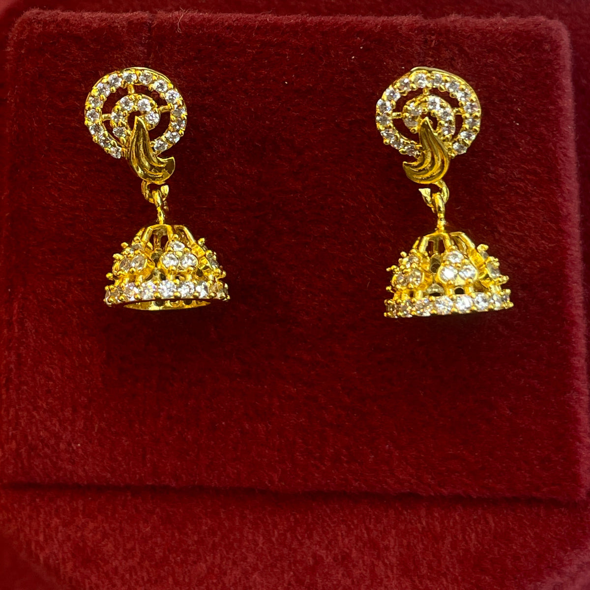 92.5 Silver Gold Plated White CZ Round Stud Jhumka Earrings for Women