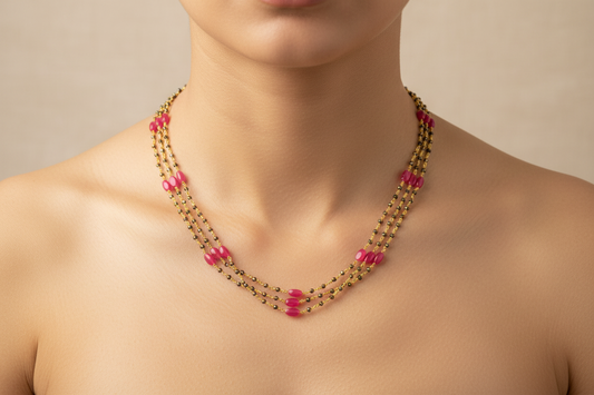 92.5 Silver Gold Plated Classy Triple Line Black Bead Chain for Women 18.5 Inches | Elegant Layered Traditional Design