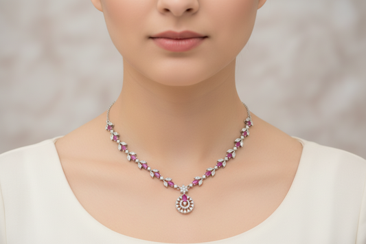 92.5 Silver Pink & White Stone Necklace for Women 18 Inches | Stylish Elegant Design | Premium Jewellery