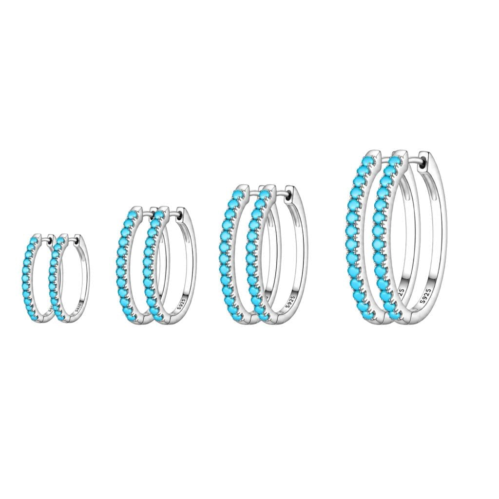 92.5 Silver Hoops with Turquoise Blue Stones - Pair
