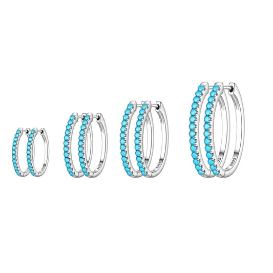 92.5 Silver Hoops with Turquoise Blue Stones - Pair