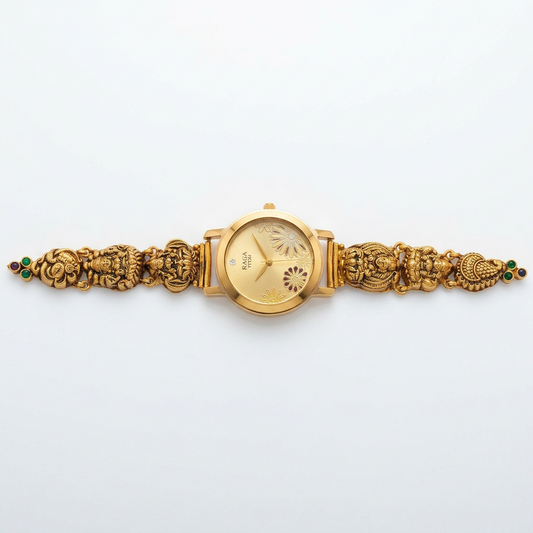 92.5 Silver Gold Plated Temple Nakshi Floral Dial Watch for Women